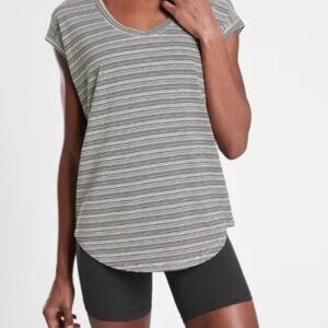 ATHLETA Cloudlight Stratus Scoop Neck Tee Black and Cream Striped Size Medium